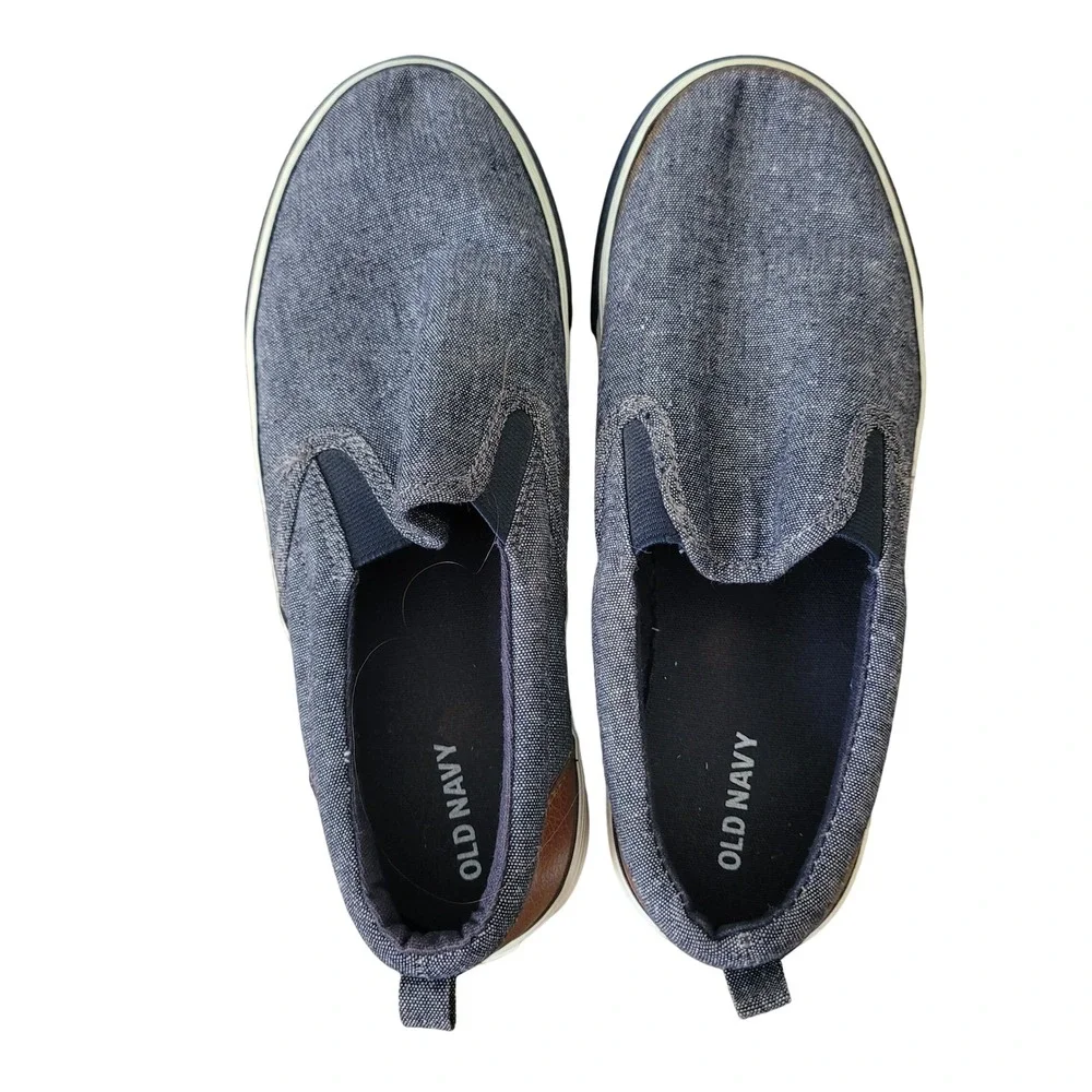 Old Navy Size 5 Linen Slip On Sneakers Boys Indigo Denim‎ Faux Leather Heel